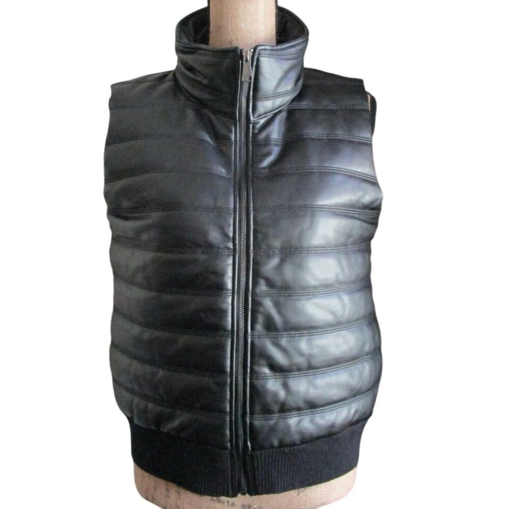 Max Studio Faux Leather Puffer Vest M Zip Up Mock Neck Black Quilted Streetwear - Picture 17 of 17